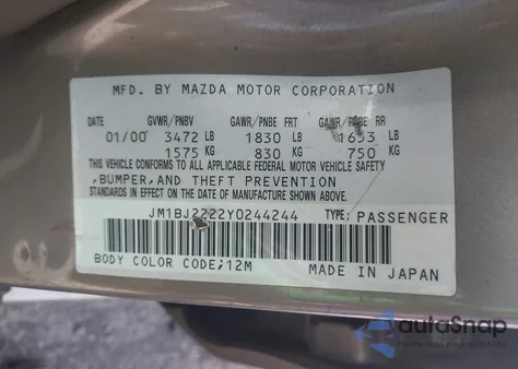 2000 Mazda Protege Dx/Lx z USA, uszkodzony, nr VIN JM1BJ2222Y0244244